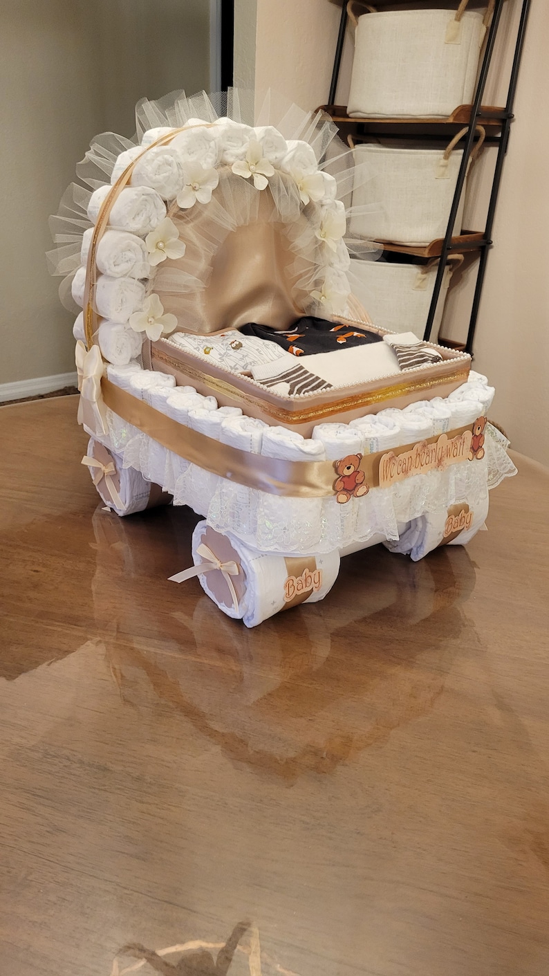 Luxery Diaper Cake, Baby Shower Gift, Stroller, Carriage, Beige, tan Diaper Cake image 8