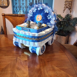 Diaper Cake, Baby Shower Gift Diaper Cake, Royal Blue and Gold Prince Theme, Carriage, Stroller Diaper Cake for a Boy, Crown Royal Baby image 2