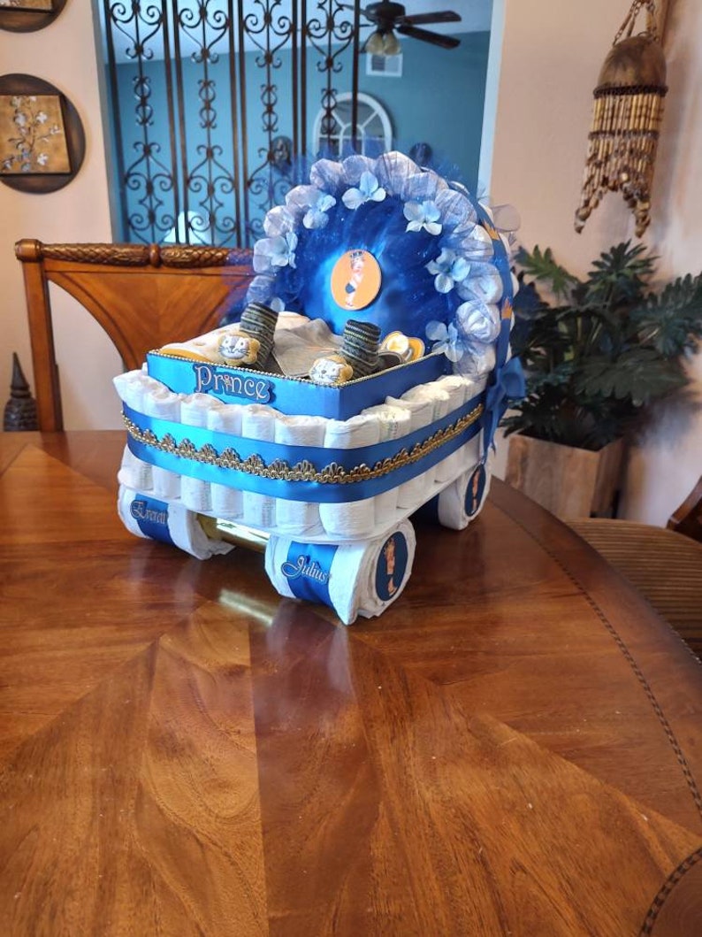 Diaper Cake, Baby Shower Gift Diaper Cake, Royal Blue and Gold Prince Theme, Carriage, Stroller Diaper Cake for a Boy, Crown Royal Baby image 2