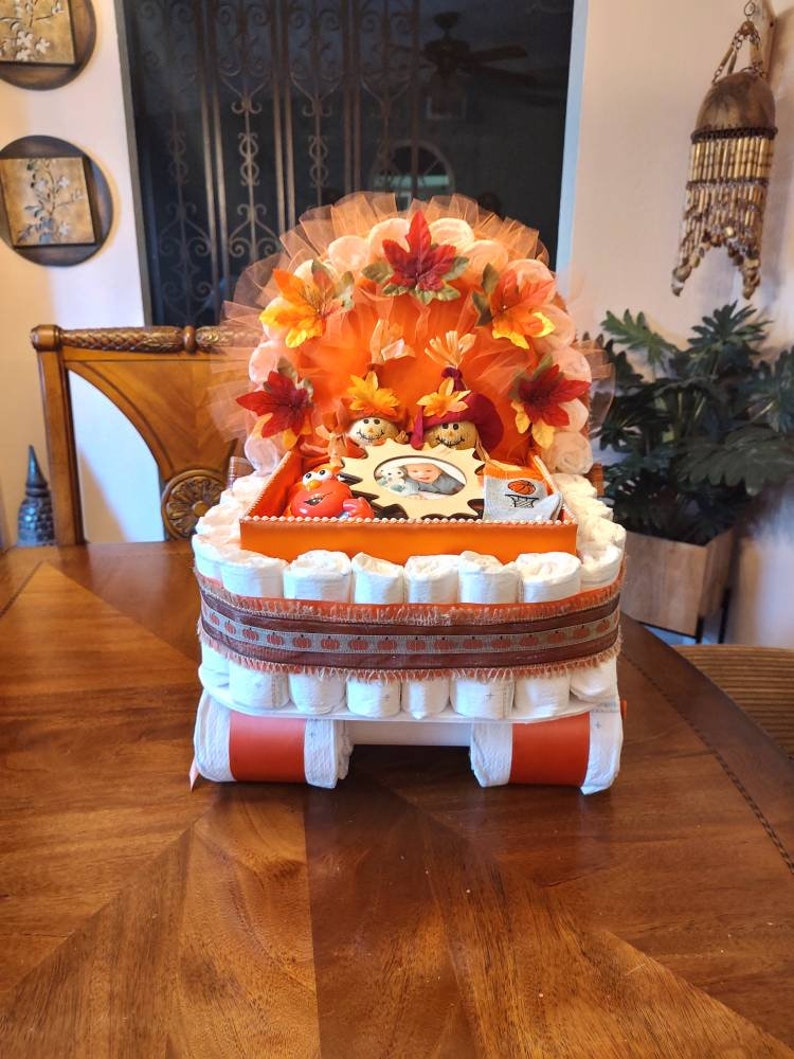 Little Pumpkin Diaper Carriage, Personalized Fall Baby Shower Centerpiece image 6