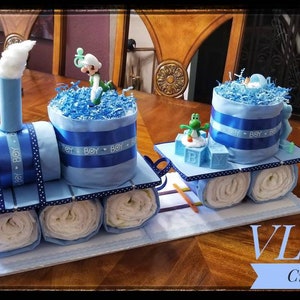 Diaper Cake, Baby Gift, Blue Train Diaper Cake for Boys Baby Shower image 6