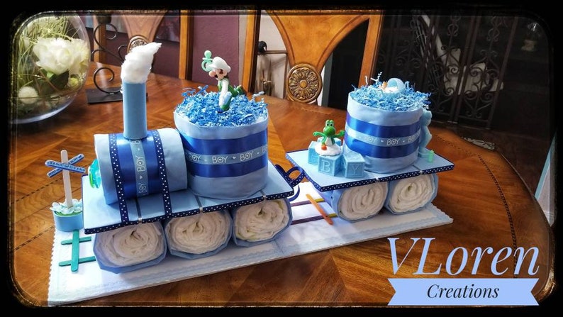 Diaper Cake, Baby Gift, Blue Train Diaper Cake for Boys Baby Shower image 6