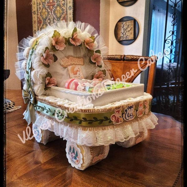Woodland Animals Diaper Cake, Baby Shower Gift, Basket, Safari Jungle Oh deer Forest Theme, Stroller Carriage Diaper Cake