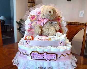 Luxery Diaper Cake, Baby Shower Gift, Winnie the Pooh Theme, Stroller, Carriage, Beige, pink Winnie Diaper Cake