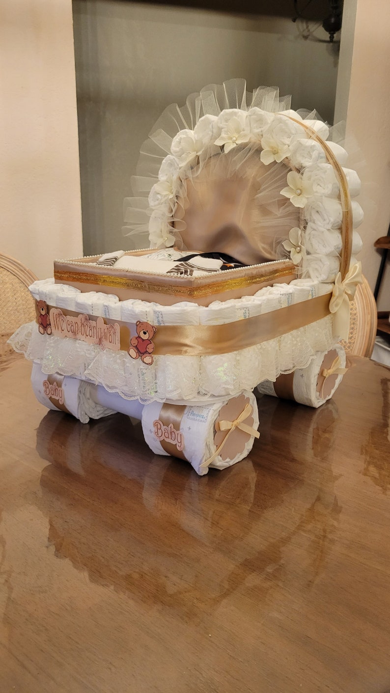 Luxery Diaper Cake, Baby Shower Gift, Stroller, Carriage, Beige, tan Diaper Cake image 5