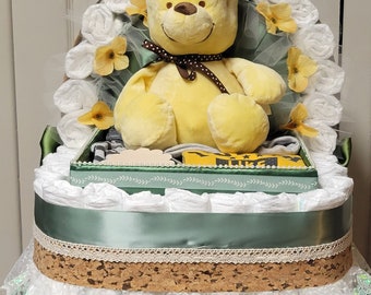 Luxery Diaper Cake, Baby Shower Gift, Winnie the Pooh Theme, Stroller, Carriage, Beige, green Winnie Diaper Cake