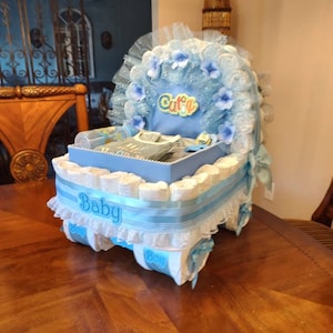 Diaper Cake, Baby Gift Diaper Cake, Blue Carriage  Bassinet Stroller Basket Baby Shower