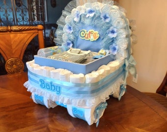 Diaper Cake, Baby Gift Diaper Cake, Blue Carriage  Bassinet Stroller Basket Baby Shower