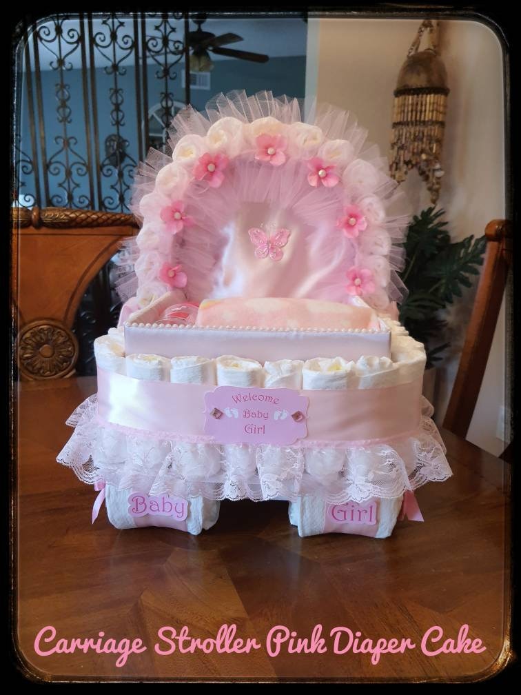 Baby Gift Diaper Cake Pink Carriage Stroller Basket Etsy