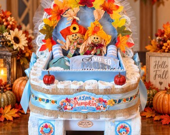 Blue Fall Diaper Carriage, Baby Shower Gift, Little Pumpkin Baby Gift, Autumn Baby Shower Centerpiece