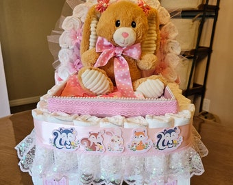 Bunny Easter animals, woodland Diaper Cake, Baby Shower Gift, Stroller, Carriage Diaper Cake