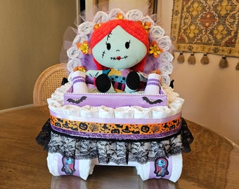 Halloween Diaper Cake, Baby Shower, Gift, Basket, The Night Before Christmas Sally Skellington Gotic Theme, Stroller Carriage, Diaper Cake