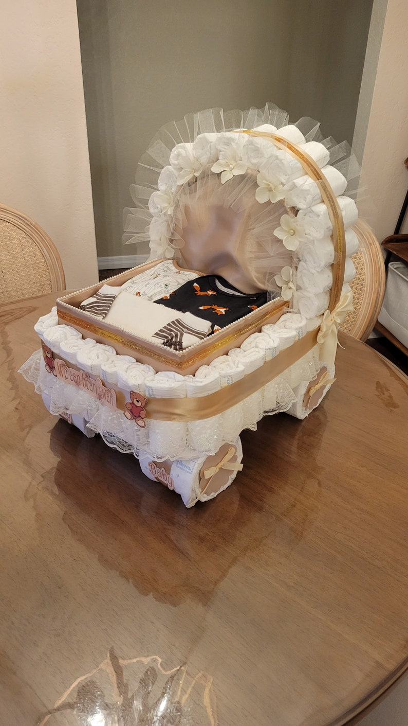 Luxery Diaper Cake, Baby Shower Gift, Stroller, Carriage, Beige, tan Diaper Cake image 6