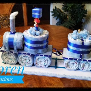 Diaper Cake, Baby Gift, Blue Train Diaper Cake for Boys Baby Shower image 3