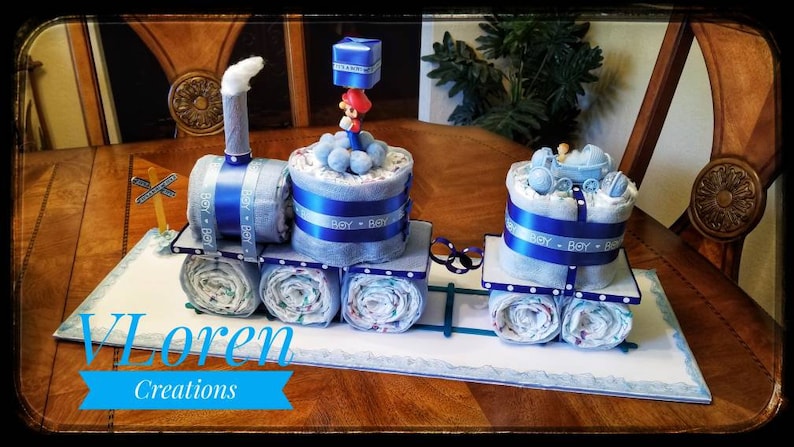 Diaper Cake, Baby Gift, Blue Train Diaper Cake for Boys Baby Shower image 3