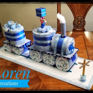 Diaper Cake, Baby Gift, Blue Train Diaper Cake for Boys Baby Shower image 1