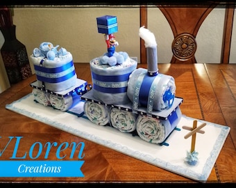 Diaper Cake, Baby Gift, Blue Train Diaper Cake for Boys Baby Shower