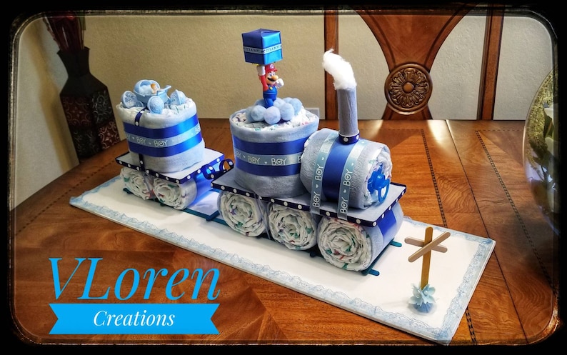 Diaper Cake, Baby Gift, Blue Train Diaper Cake for Boys Baby Shower image 1