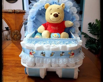 Diaper Cake, Baby Shower Gift, Basket, Winnie the Pooh Theme Stroller Carriage for a boy Diaper Cake