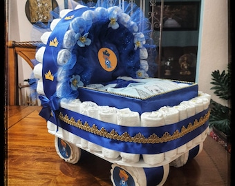 Diaper Cake, Baby Shower Gift Diaper Cake, Royal Blue and Gold Prince Theme, Carriage, Stroller Diaper Cake for a Boy, Crown Royal Baby