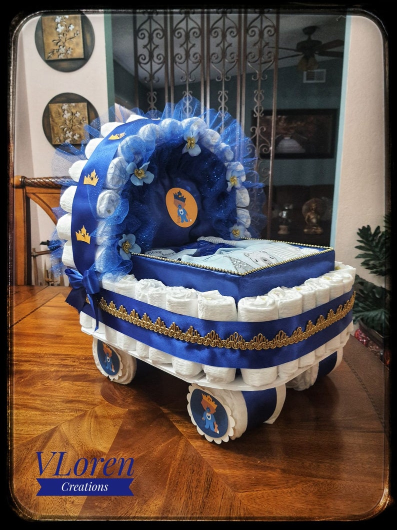 Diaper Cake, Baby Shower Gift Diaper Cake, Royal Blue and Gold Prince Theme, Carriage, Stroller Diaper Cake for a Boy, Crown Royal Baby image 1