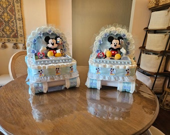 Diaper Cake for twins Mickey and Minnie Mouse, Baby Gift Diaper Cake, Carriage  Bassinet Stroller Basket Baby Shower