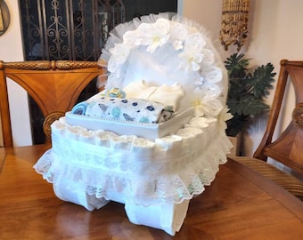 Neutral Baby Gifts, Basket Diaper Cake, White Baby Gifts, Carriage   Gifts, Nursery decor