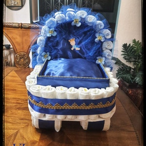 Diaper Cake, Baby Shower Gift Diaper Cake, Royal Blue and Gold Prince Theme, Carriage, Stroller Diaper Cake for a Boy, Crown Royal Baby image 5