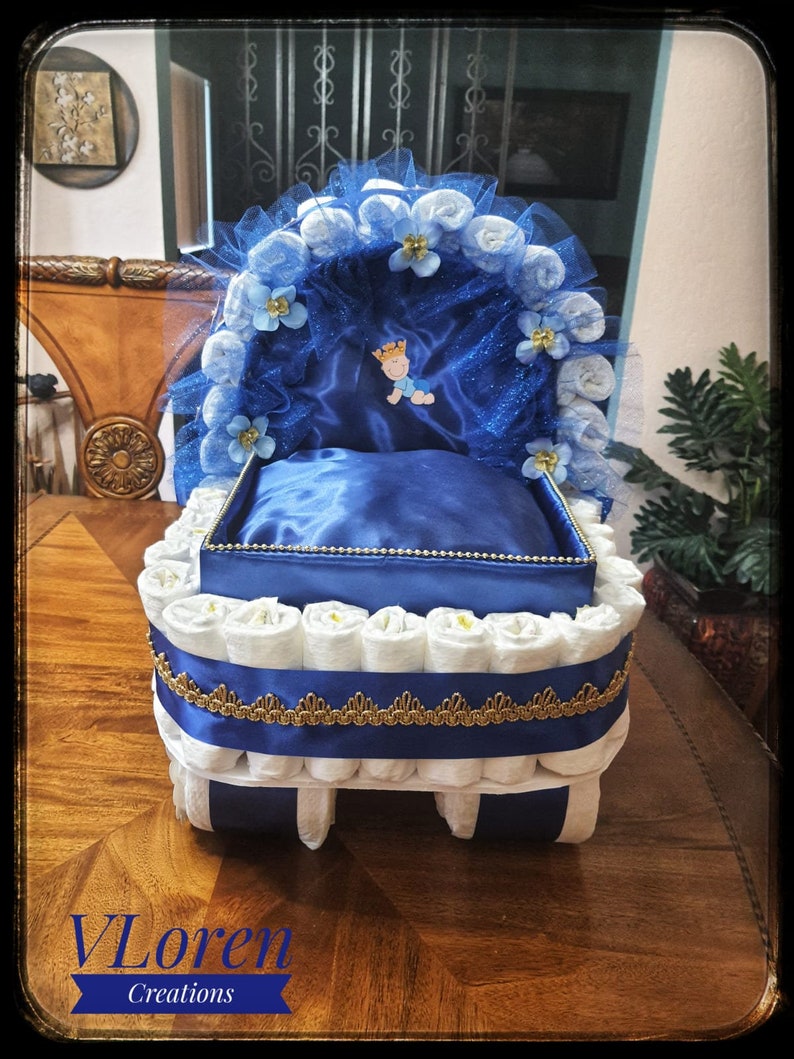 Diaper Cake, Baby Shower Gift Diaper Cake, Royal Blue and Gold Prince Theme, Carriage, Stroller Diaper Cake for a Boy, Crown Royal Baby image 5