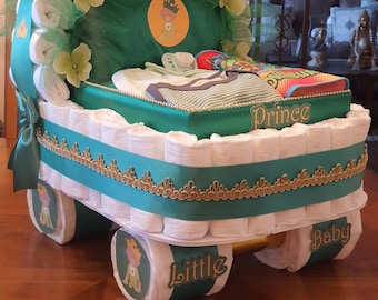 Diaper Cake, Baby Shower Gift Diaper Cake, Royal Green and Gold Prince Theme, Carriage, Stroller Diaper Cake for a Boy, Crown Royal Baby