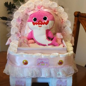 Baby Shark Diaper Cake Baby Shower Gift Pink Carriage Stroller