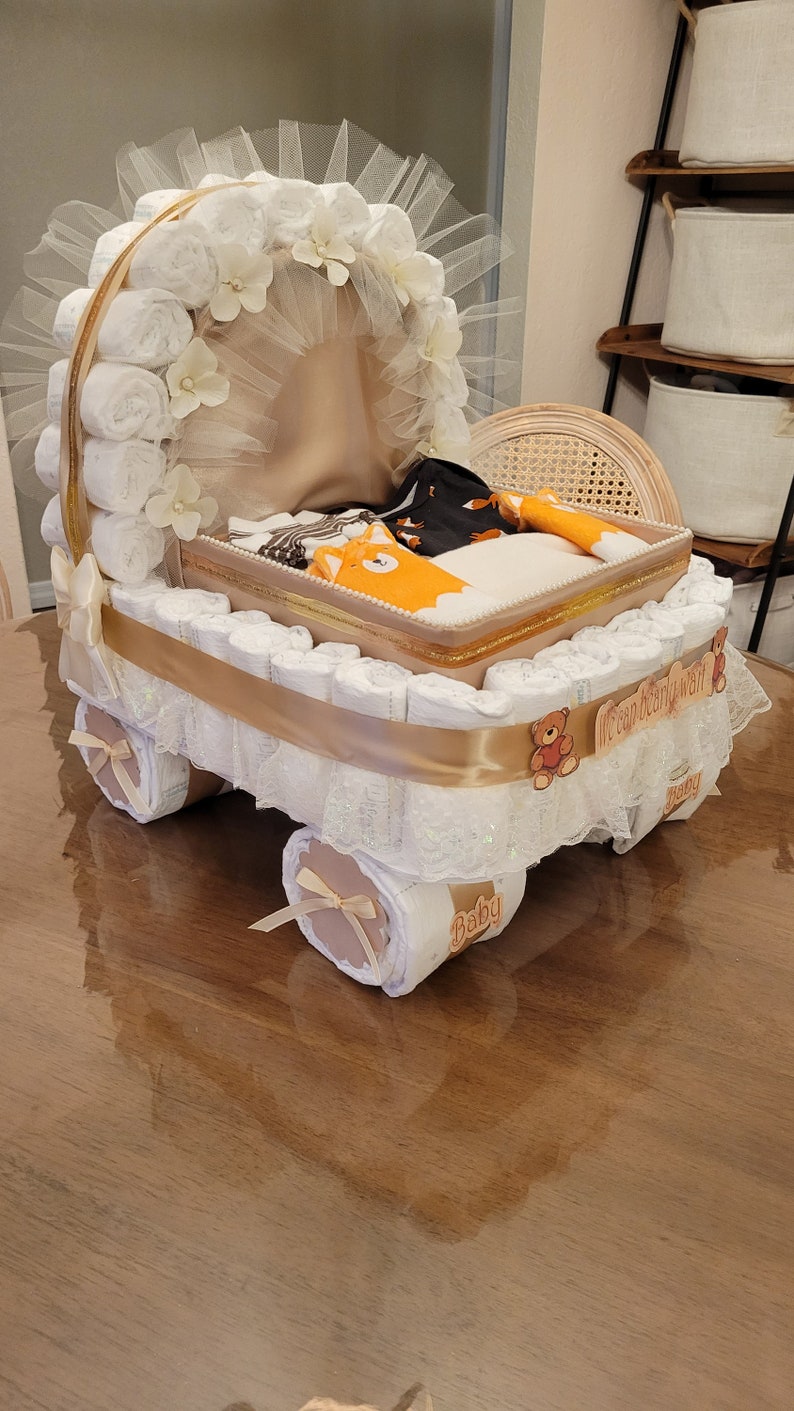 Luxery Diaper Cake, Baby Shower Gift, Stroller, Carriage, Beige, tan Diaper Cake image 2