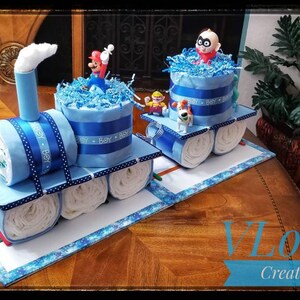 Diaper Cake, Baby Gift, Blue Train Diaper Cake for Boys Baby Shower image 5