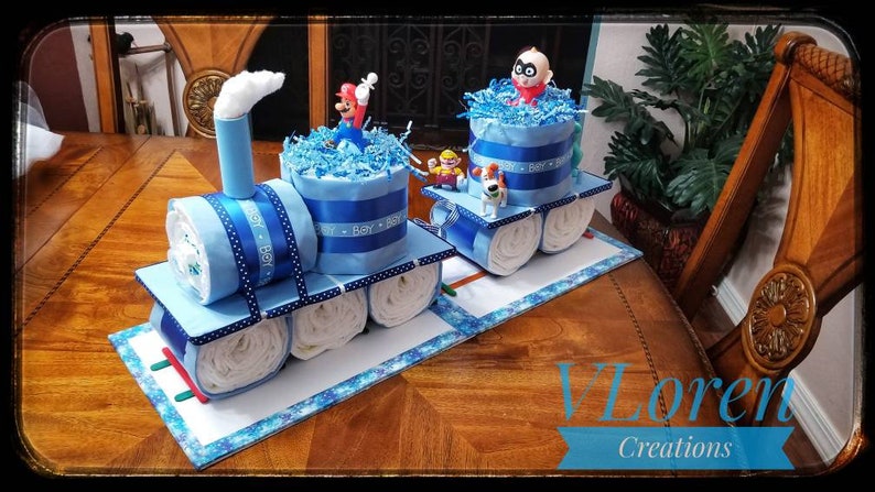 Diaper Cake, Baby Gift, Blue Train Diaper Cake for Boys Baby Shower image 5