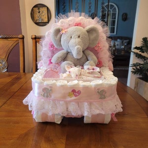 Elephant Diaper Cake, Baby Shower Gift, Basket, Stroller Carriage Diaper Cake
