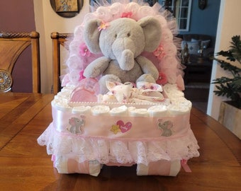 Elephant Diaper Cake, Baby Shower Gift, Basket, Stroller Carriage Diaper Cake