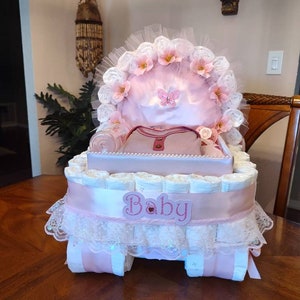 Baby Shower Gifts, Baby Gifts Diaper Cake Pink Carriage, Bassinet, Stroller, Basket Baby Shower