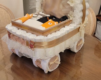 Luxery Diaper Cake, Baby Shower Gift, Stroller, Carriage, Beige, tan Diaper Cake