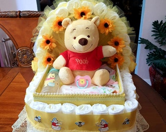 Diaper Cake, Baby Shower Gift, Winnie the Pooh Theme, Stroller, Carriage, Yellow Neutral, Diaper Cake