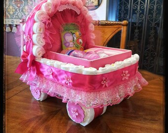 Diaper Cake, Baby Gift Diaper Cake, Fucshia Dark Hot Pink Carriage Bassinet  Stroller Baby Shower