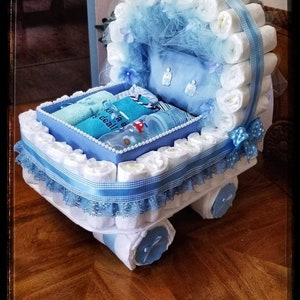 Diaper Cake, Baby Gift Diaper Cake, Blue Carriage  Bassinet Stroller Basket Baby Shower