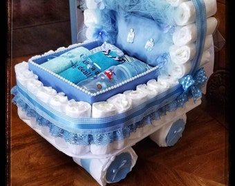 Diaper Cake, Baby Gift Diaper Cake, Blue Carriage  Bassinet Stroller Basket Baby Shower