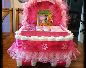 Diaper Cake, Baby Gift Diaper Cake, Fucshia Dark Pink Hot Pink Carriage  Bassinet Stroller Baby Shower