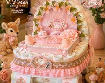 Pink Woodland Animals Diaper Carriage, Baby Shower Gift, Oh Deer Baby Gift, Forest Animal Diaper Cake, Baby Girl Centerpiece