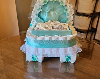 Diaper Cake, Baby Gift Basket Diaper Cake Green Acqua, green mint diaper cake.  Bassinet Stroller Baby Shower