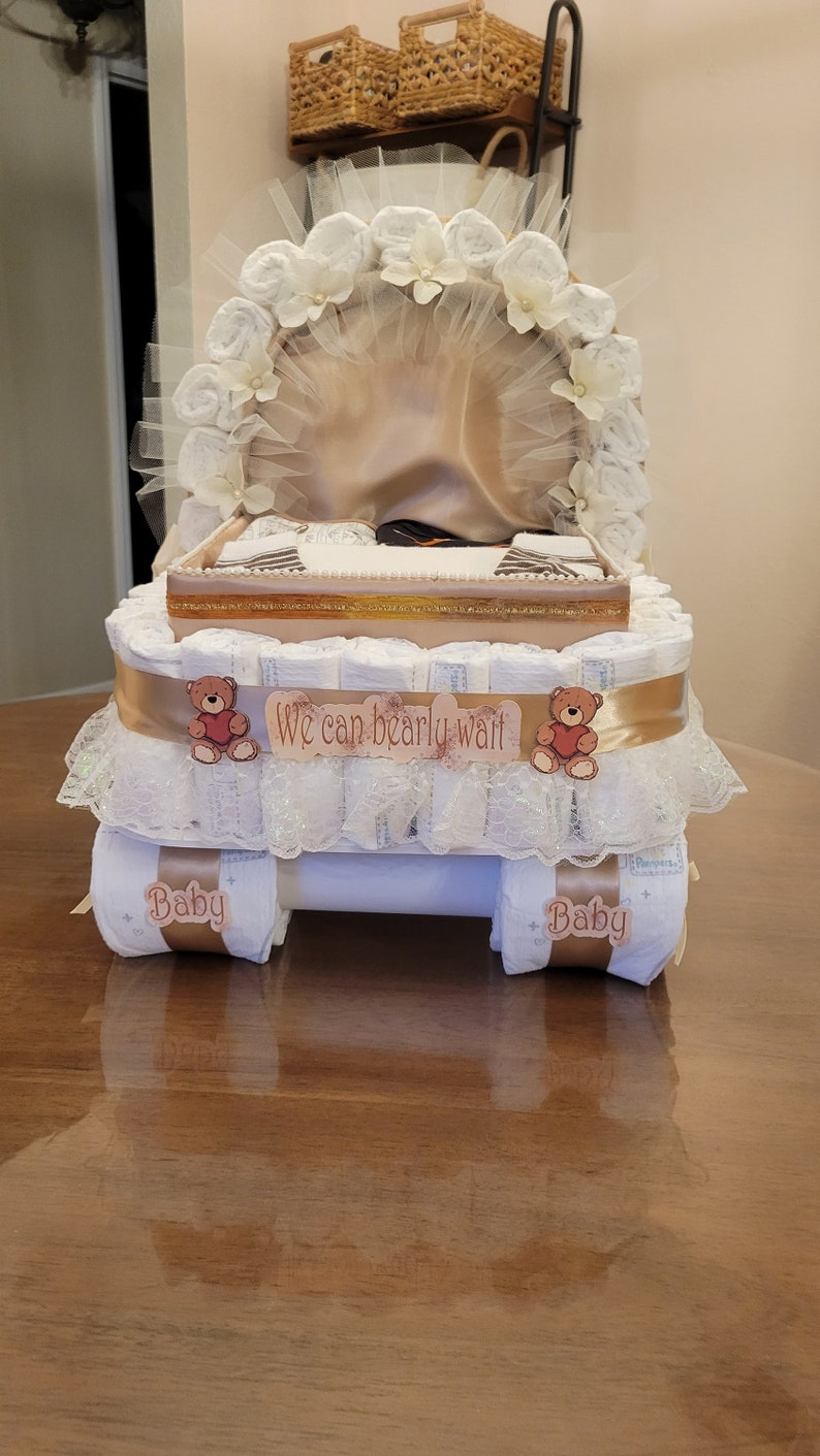Luxery Diaper Cake, Baby Shower Gift, Stroller, Carriage, Beige, tan Diaper Cake image 7