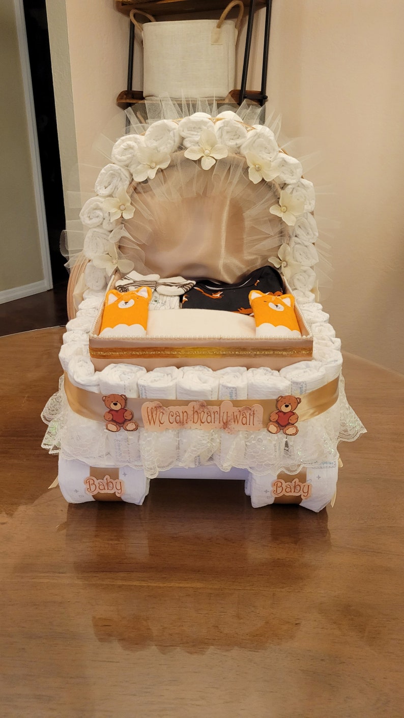 Luxery Diaper Cake, Baby Shower Gift, Stroller, Carriage, Beige, tan Diaper Cake image 4