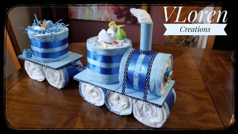 Diaper Cake, Baby Gift, Blue Train Diaper Cake for Boys Baby Shower image 4