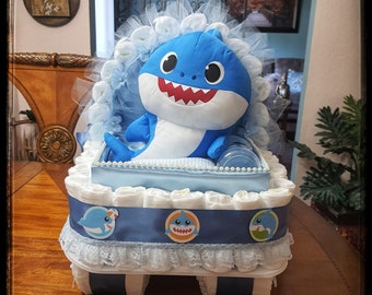 Baby Shark Diaper Cake Baby Shower Gift Blue Carriage Stroller