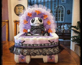 Halloween Diaper Cake, Baby Shower, Gift, Basket, The Night Before Christmas Jack Skellington Gotic Theme, Stroller Carriage, Diaper Cake